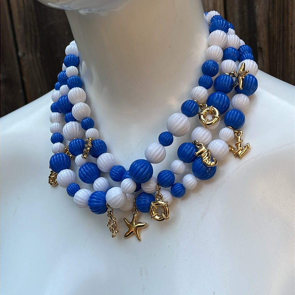 Late 1990’s blue & white sailer themed 3 stranded  chunky choker style necklace